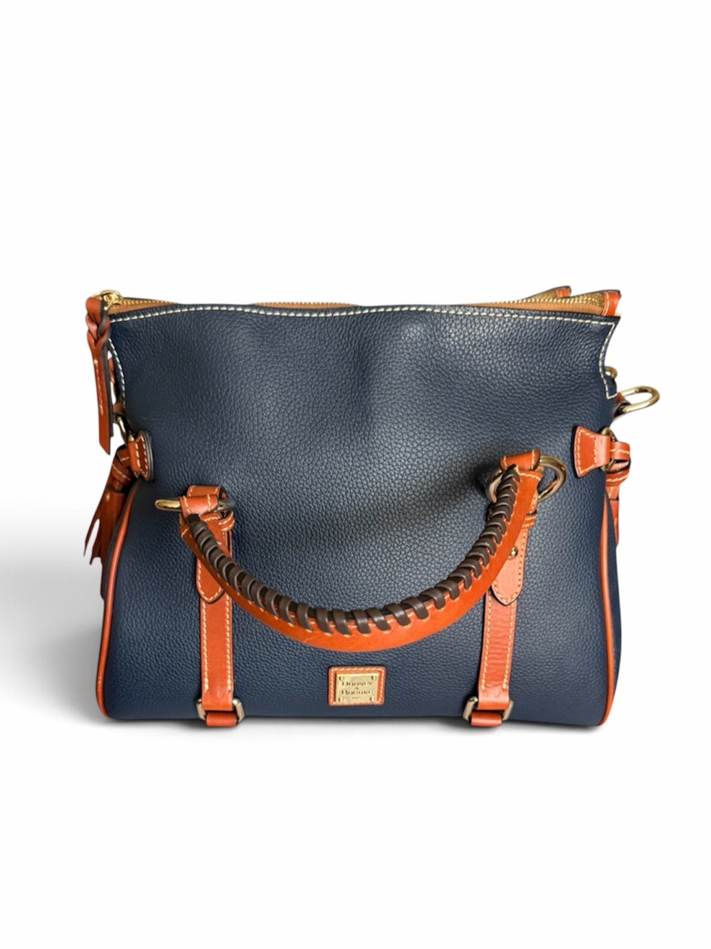 Large New Dooney and Pebbled Leather Dark Blue and Brown Tassel Satchel
